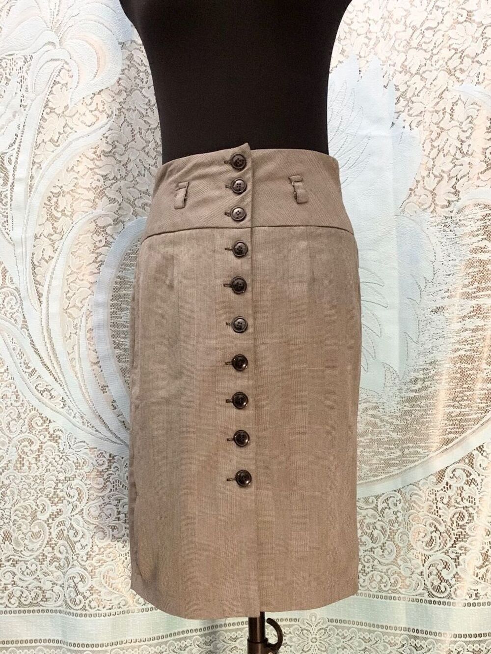 Buttoned Office Pencil Skirt W/ Belt Loop Detail High Waist Midi Taupe Career